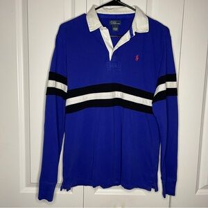 Polo Ralph Lauren Boys Large 14/16 Blue Rugby Stripe Long Sleeve Polo Y2K Rare